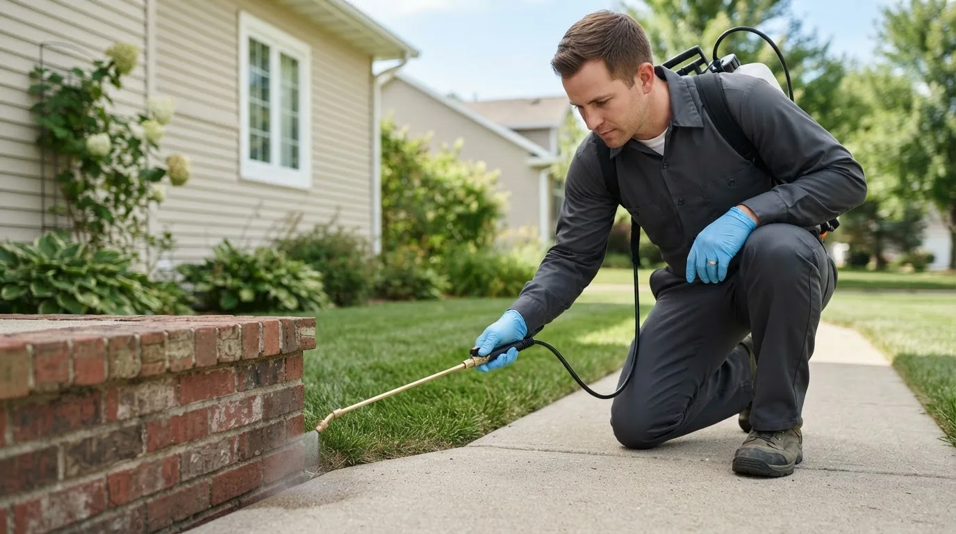 Pest control technician treating a home near Veedersburg, IN