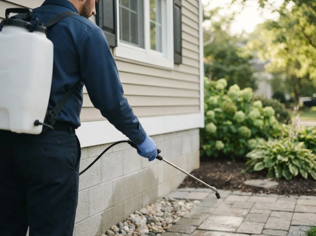 Pest control technician inspecting a home in Veedersburg, IN